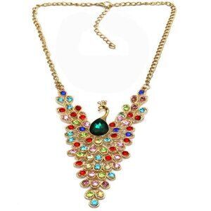 Women's Vintage Peacock Style Gold Metal Shiny Rhinestone Pendant Necklace
